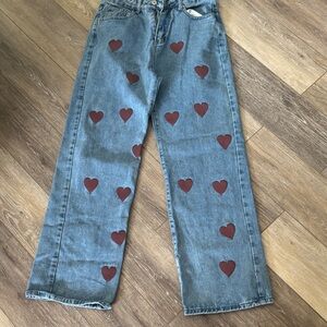SHEIN Blue Jeans with Red Heart Accents